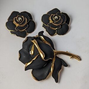🖤 Vintage Dick & Co. Enamel dipped gold rose earrings brooch pin. Faux dia…
